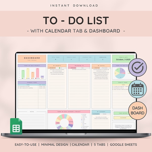 To Do List, Task Tracker, and Productivity Planner - Daily, Weekly, Monthly Organization & Task Management Template with Dashboard