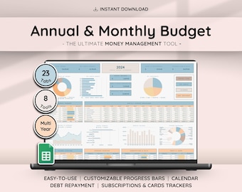 Monthly & Annual Budget Planner for Google Sheets | Bill Tracker | Income Expenses Tracker | Subscriptions Tracker
