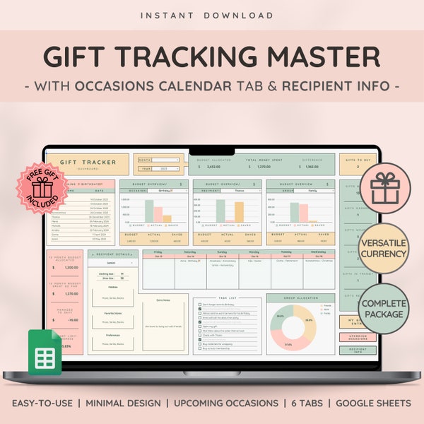 Master voor het volgen van geschenken met vakantiecategorieën | Geschenkplanner en gedetailleerd informatieblad voor ontvangers | Ultieme tracking voor het hele seizoen