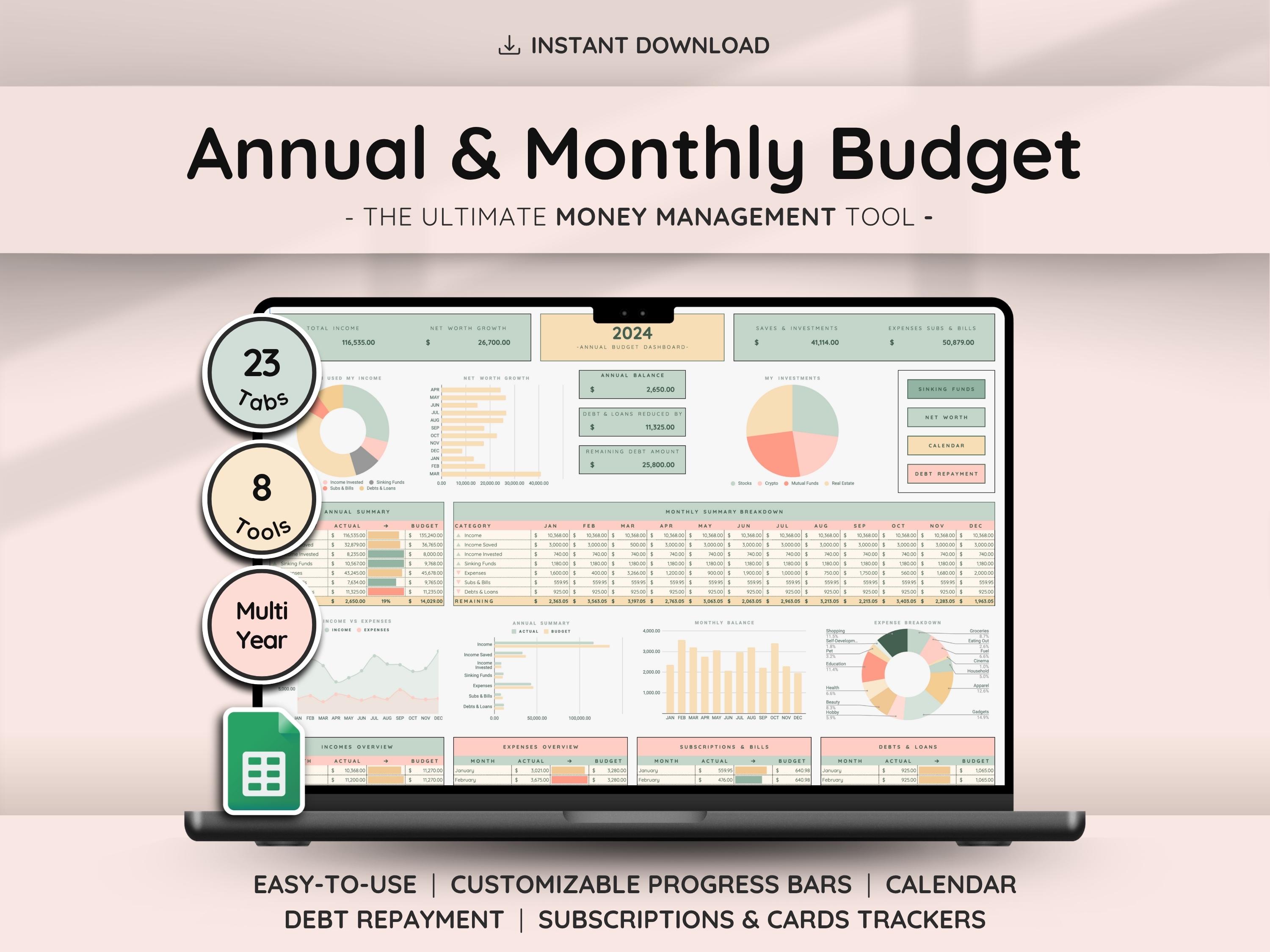 Annual Budget Planner & Monthly Budget Template for Google Sheets | Financial Planner | Bill Tracker and Debt Tracker