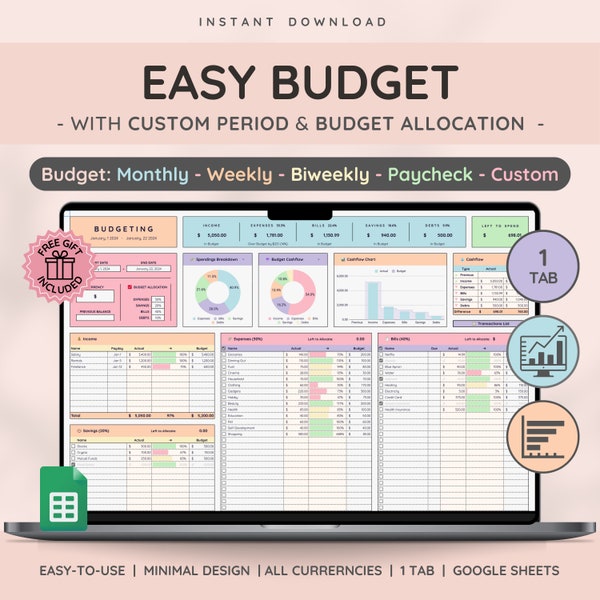 Planificateur budgétaire facile pour Google Sheet, feuille de calcul budgétaire hebdomadaire | Aux deux semaines | Chèque de paie | Budget mensuel | Rapprochement et suivi des dépenses
