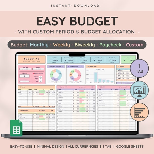 Eenvoudige budgetplanner voor Google Spreadsheet Budgetspreadsheet met wekelijks | Tweewekelijks | Salaris | Maandelijks budget | Afstemmings- en onkostentracker