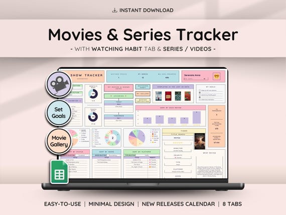 Shows Movies & Videos Tracker with Gallery Collection | Series Planner with Review Spreadsheet | Great Gift for Film Lovers