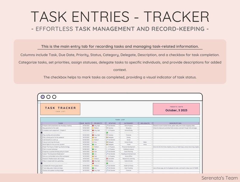Task Entries-Tracker - Log, Prioritize, and Manage Tasks with Due Dates, Priorities, and Categories - Streamlined Task Management.