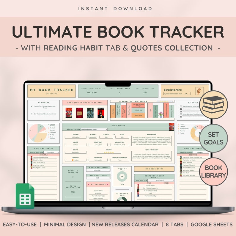 Ultimate Book & Reading Tracker with Book Collection Reading Planner and Book Review Spreadsheet Great Gift for Book Lovers image 1