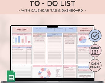 Lista de tareas pendientes, seguimiento de tareas y planificador de productividad: plantilla de gestión de tareas y organización diaria, semanal y mensual con panel de control
