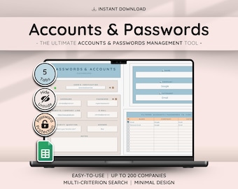 Password & Accounts Tracker Spreadsheet Template for Google Sheets | Password Keeper with List and Log for Organizer