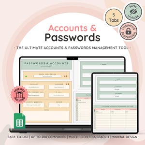 Accounts en wachtwoordtracker voor Google Spreadsheets | Spreadsheetsjabloon wachtwoordindeling met wachtwoordlogboek en lijst