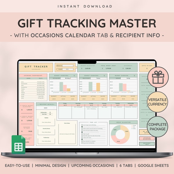 Gift Tracking Master with Holiday Categories | Gift Planner and detailed Recipients Info Spreadsheet | Ultimate all season gift Tracking