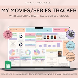 Shows Movies & Videos Tracker with Gallery Collection | Series Planner with Review Spreadsheet | Great Gift for Film Lovers