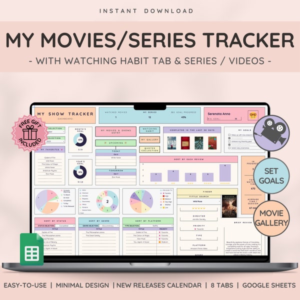 Zeigt Filme & Videos Tracker mit Galerie-Sammlung | Serien-Planer mit Bewertungs-Spreadsheet | Tolles Geschenk für Film Liebhaber