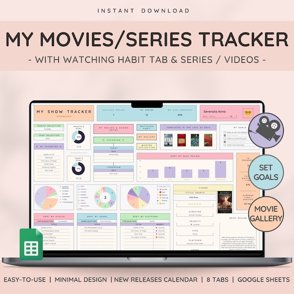 Shows Movies & Videos Tracker with Gallery Collection | Series Planner with Review Spreadsheet | Great Gift for Film Lovers