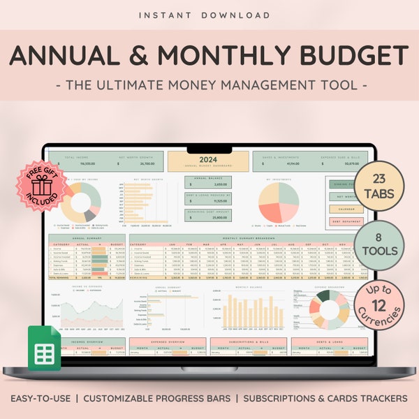 Planificateur de budget annuel et modèle de budget mensuel pour Google Sheets | Planificateur financier | Suivi des factures et suivi des dettes