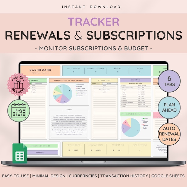 Streamline Your Subscriptions | Effortless Tracking & Financial Planning Template | Automated Renewal Dates | Cost Calculations