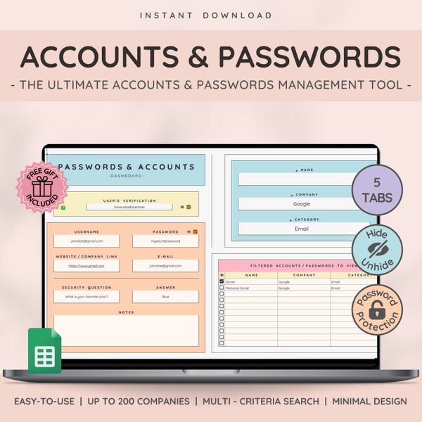 Accounts Tracker für Google Sheets | Passwort-Tracker Tabelle mit Passwort-Liste & Logbuch für Organizer