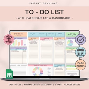 To Do List, Task Tracker, and Productivity Planner - Daily, Weekly, Monthly Organization & Task Management Template with Dashboard