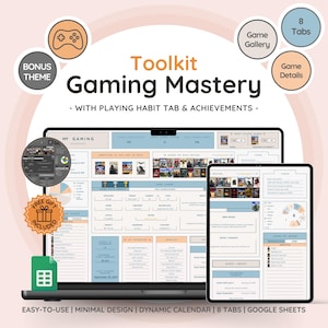 Gamingtracker-toolkit met gamesgalerij | Interactieve voortgang | Gamerecensie | Geweldig cadeau voor gameliefhebbers | Dynamische kalendersjabloon