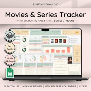 Shows Movies & Videos Tracker with Gallery Collection | Series Planner with Review Spreadsheet | Great Gift for Film Lovers