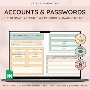 Accounts & Password Tracker for Google Sheets | Password Organizer Spreadsheet Template with Password Log and List