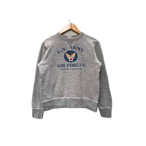 Può includere: Felpa grigia con un logo vintage della U.S. Army Air Forces stampato sul davanti. Il logo presenta una stella blu e bianca con ali e il testo "U.S. Army Air Forces Minot A.F. Base, ND".