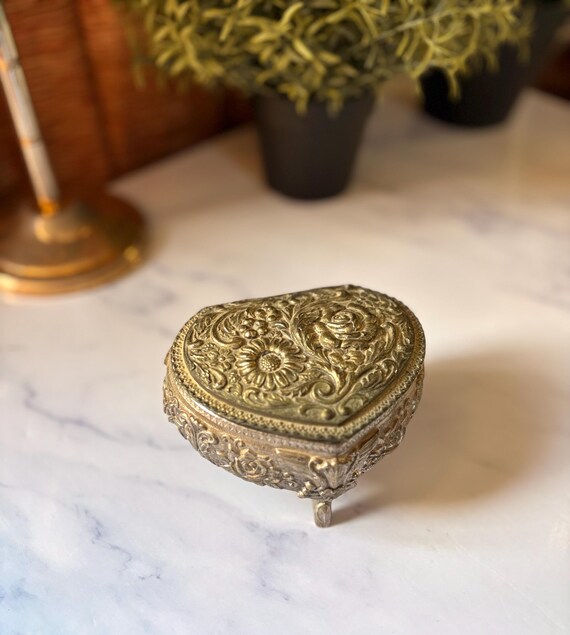 Vintage Heart Jewelry Box, Ornate Floral Metal Trinket Casket (Japan)