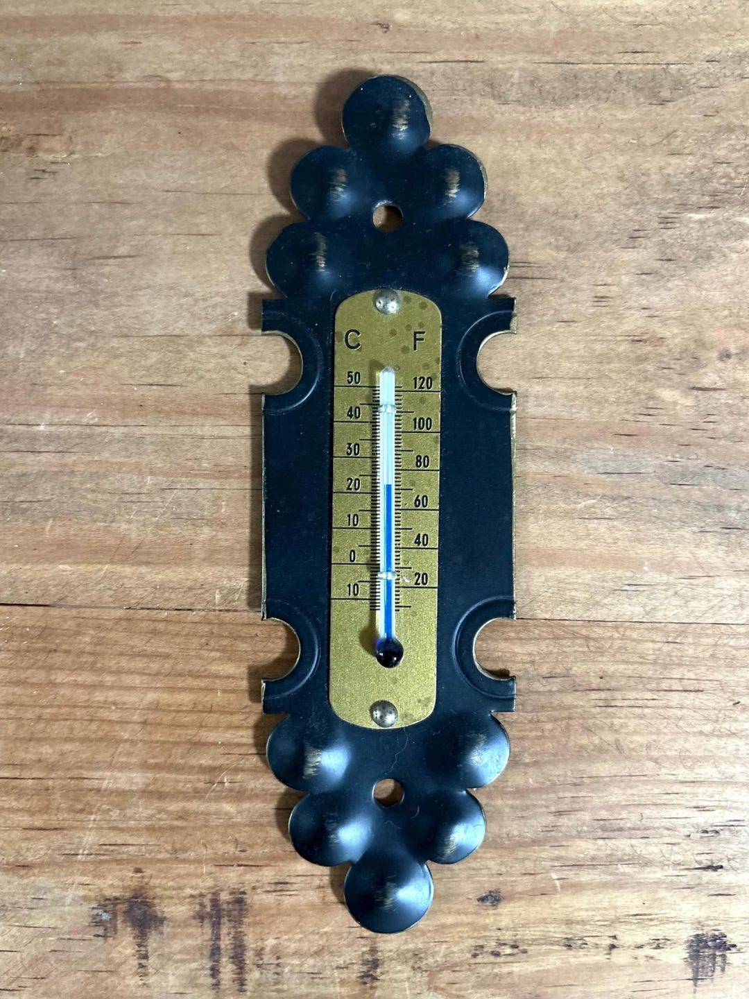 Vintage Black Metal Wall Thermometer Gold Tone Mid Century Decor 2x7 ...