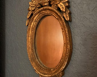 Vintage Gold Oval Wall Mirror | Hollywood Regency Floral Crest Mirror | Small Ornate French Provincial Decor | Syroco Style Vintage mirror