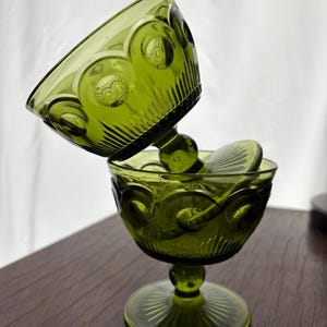 Vintage Avocado Green Glass Dessert Goblets | Set of 2 | Retro Thumbprint Pattern | Mid-Century Modern Barware