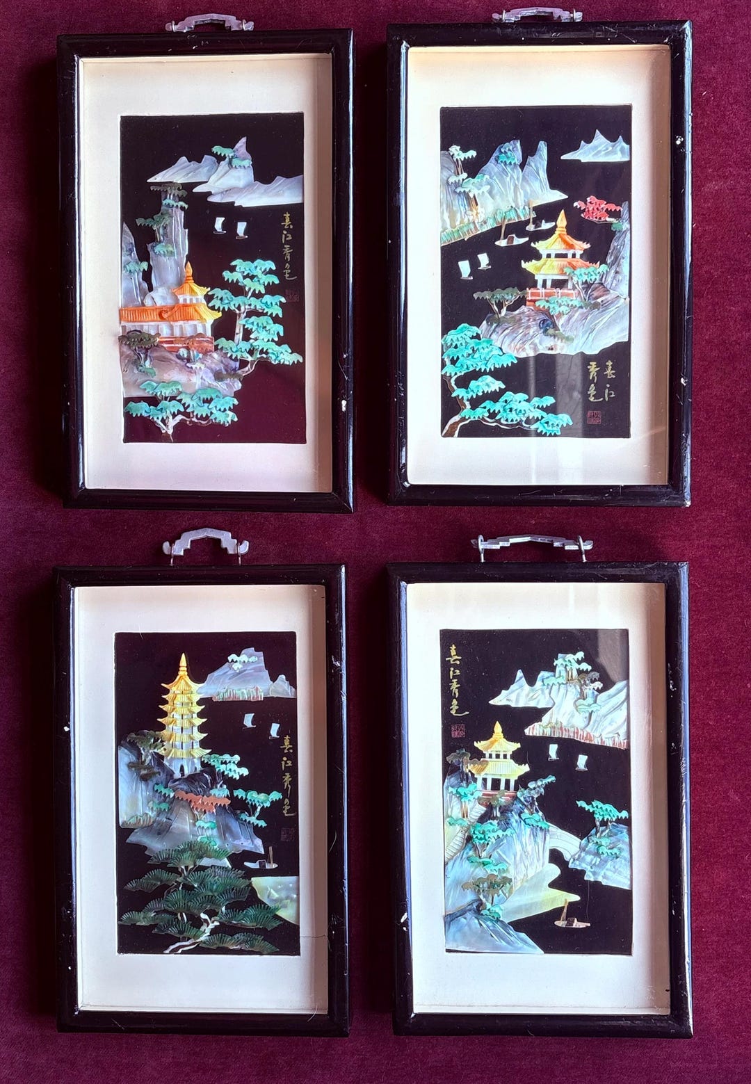 Vintage Chinese Carved Shell Wall Art Set of Four Framed Landscapes - Etsy
