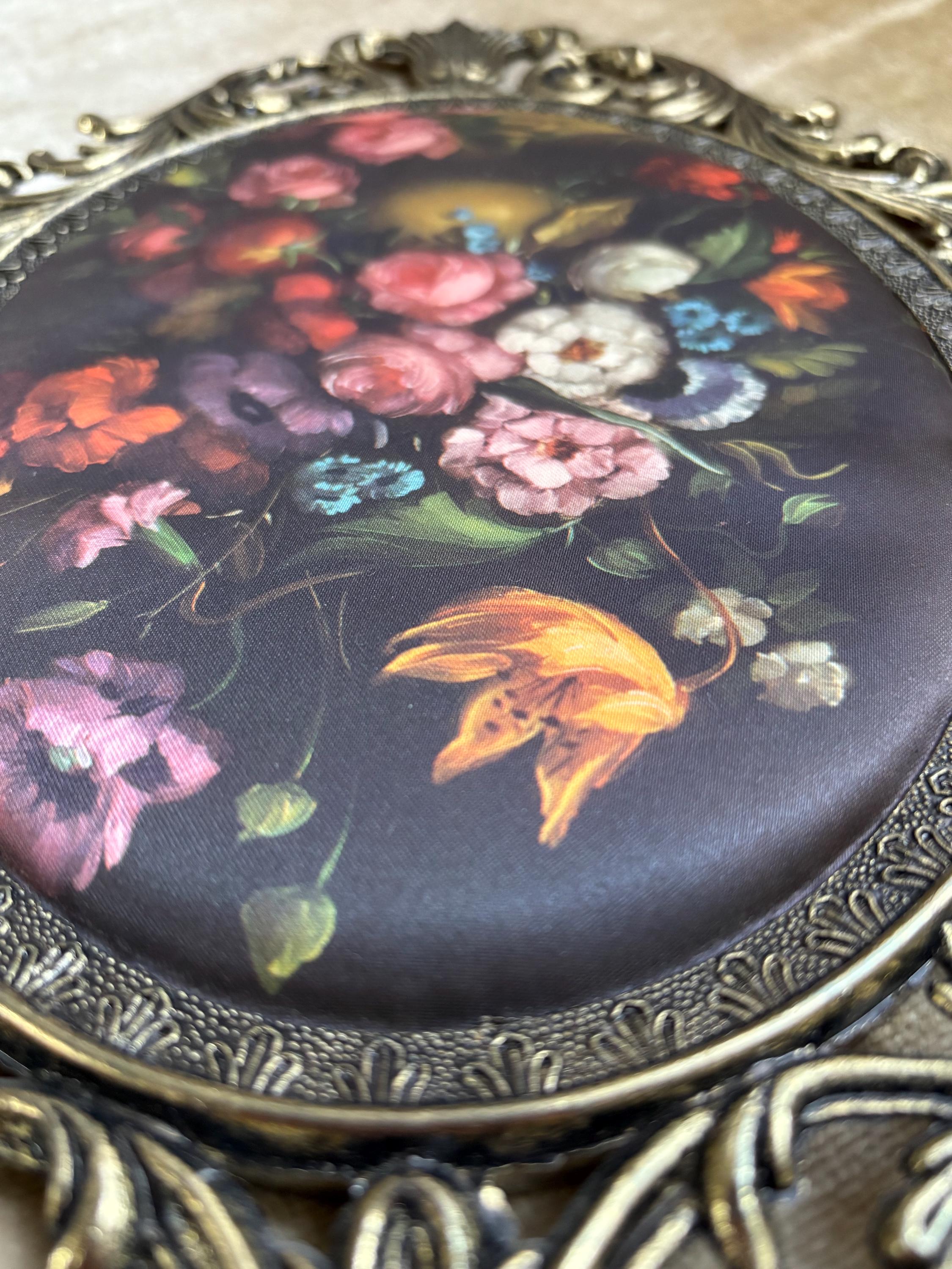 Vintage Padded Floral Still Life – Ornate Oval Metal Frame
