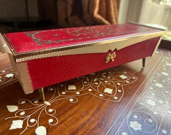 Vintage Red Velvet Music Box: Mid-Century Jewelry Storage with Mirror