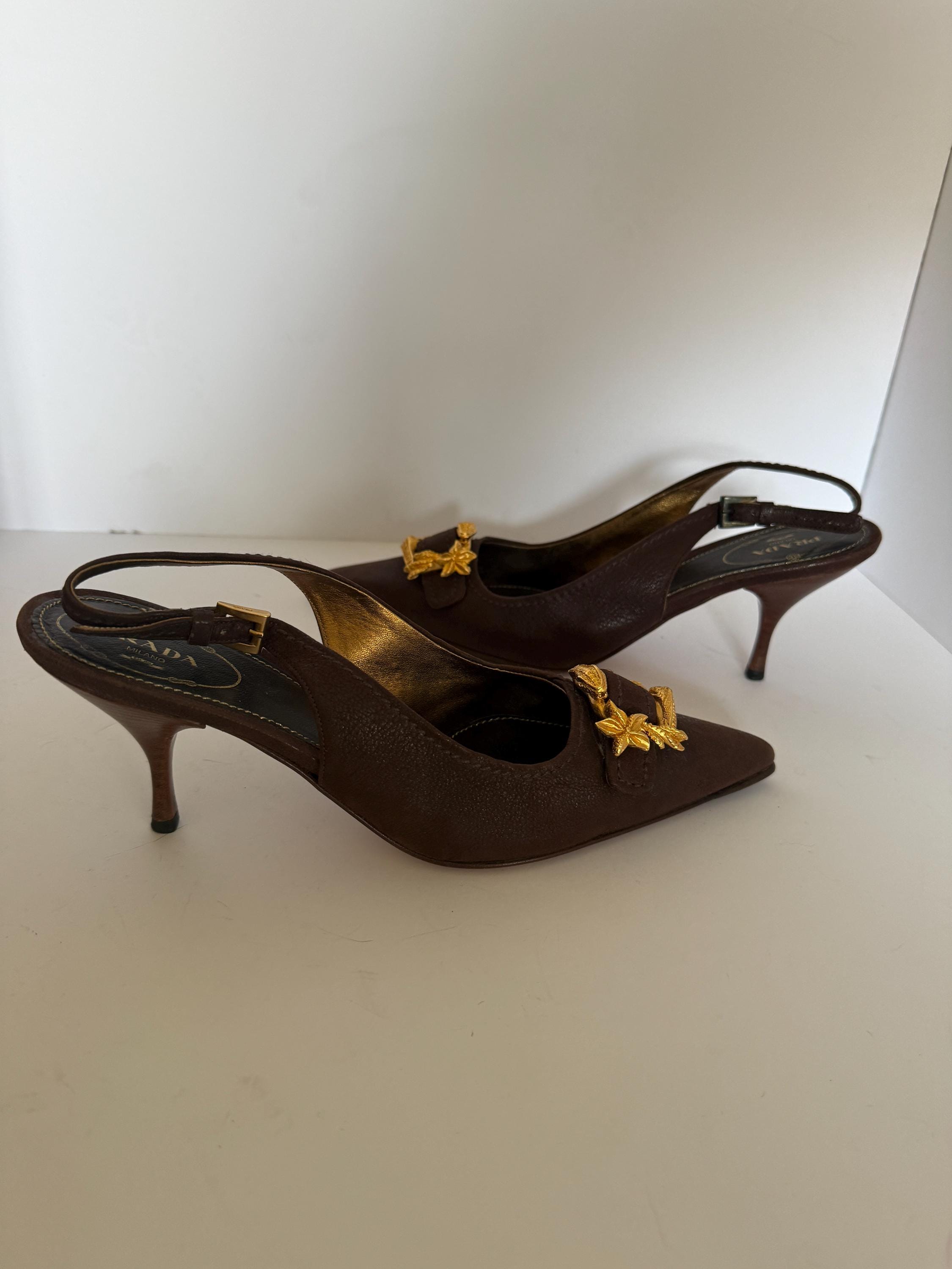 Prada Pumps in Brown Suede, Vintage Gold Baroque Buckles From the