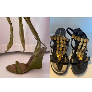 May include: Two pairs of women's sandals. One pair features a green wedge heel with a strap and long green fabric ties. The other pair is black with gold-colored circular embellishments and a thong-style strap.