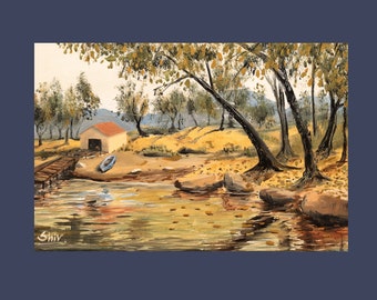 Original Oil Painting - The Fishing Hut - Autumn landscape painting