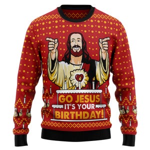Go Jesus It&#39;s Your Birthday Christmas Sweater, Custom Face Photo Christmas Sweater, Festive Xmas Sweater with Jesus Birthday Design