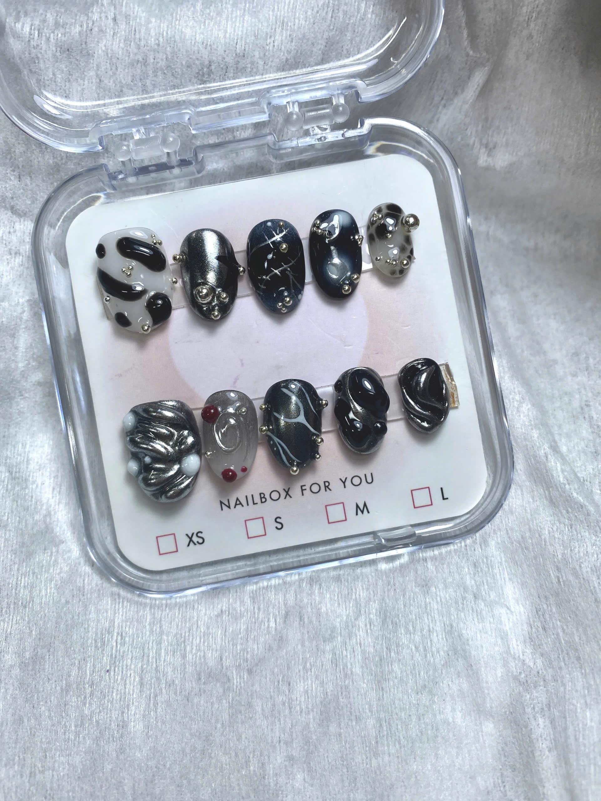 Galaxy Chrome Press On Nails, Black Silver Abstract Nail Art, 3D Metallic Space Nails, Edgy Y2K Nails | Handmade Cosmic Nail Set for Women