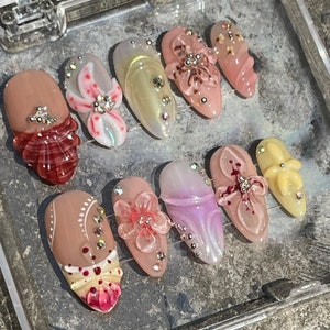 3D Flower Press On Nails | Rhinestone Jelly Nail Art Set | Handmade Floral & Bow Designs | Cute Kawaii Summer Acrylic Nails | Y2K Glam Tips