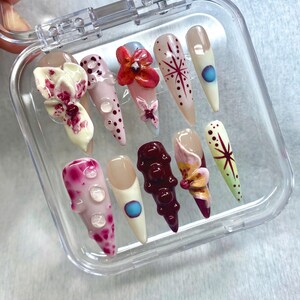 3D Sculptural Press On Nails, Abstract Art Nails with Flowers, Bubbles Textures, Handmade Stiletto Nailsm Unique Statement Nail Set