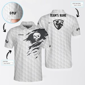 Custom Golf Polo Shirt, Personalized Name Golf Team Shirt, Skull Golf Swing Polo, White Honeycomb Pattern Polo, Custom Sports Uniform
