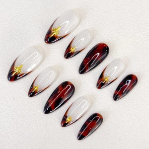 Tortoise Shell French Tip Press On Nails, Gold Star Charm, Brown White Almond Nails, Elegant Gel Manicure, Trendy Handmade Nail Set