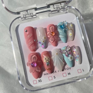 3D Butterfly Flower Press On Nails | Fairycore Y2K Spring Nail Art with Rhinestones Charms | Cute Pink Blue Pastel Handmade Nails