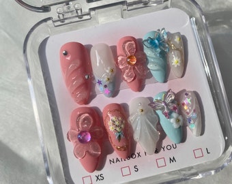 3D Butterfly Flower Press On Nails | Fairycore Y2K Spring Nail Art with Rhinestones Charms | Cute Pink Blue Pastel Handmade Nails