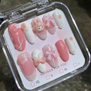 Kawaii Bunny Press On Nails | 3D Pink & White Bows | Cute Pastel Floral Nails | Handmade Soft Girl Aesthetic Nail Set