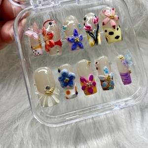Whimsical Floral Press On Nails, 3D Butterfly Flower Nail Art, Colorful Garden Spring Nails, Handmade Nature-Inspired Nail Set