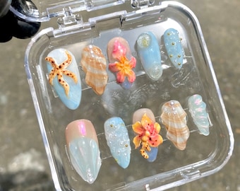 Ocean 3D Press On Nails | Starfish & Seashell Nail Art | Summer Beach Vibes | Mermaid Coastal Nails | Handmade Sea-Inspired Tips
