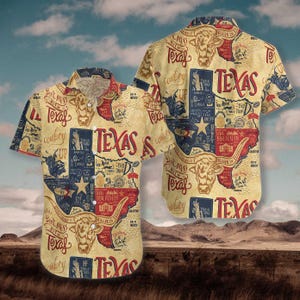 May include: A short-sleeved button-up shirt with a Texas-themed design. The shirt features a map of Texas, a longhorn, and the text "Texas". The color scheme includes beige, red, and navy blue.