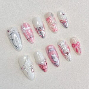 Pink glitter fake nails with cat and bow Press On Nails,  Reusable Custom Handmade Press on Nails, Twinkle Cute nails
