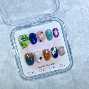 Colorful Star Press On Nails, Funky Mixed Design Nail Art Set, Handmade Cute Y2K Nails, Bright Abstract 3D Nails Trendy Mismatched Nails