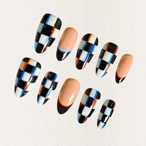 Hand Painted Colorful Checkerboard Press-On Nails, Black, White, Red, and Blue Design, Trendy Geometric Art, Glossy Coffin Shape, Reusable
