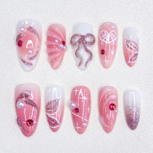 Bow Shaped Nails, Hand Drawn Nails, Gift Nails, Custom Press On Nails, Hand Made Press On Nails, Faux Acrylic Nails, 3D Press On Nails